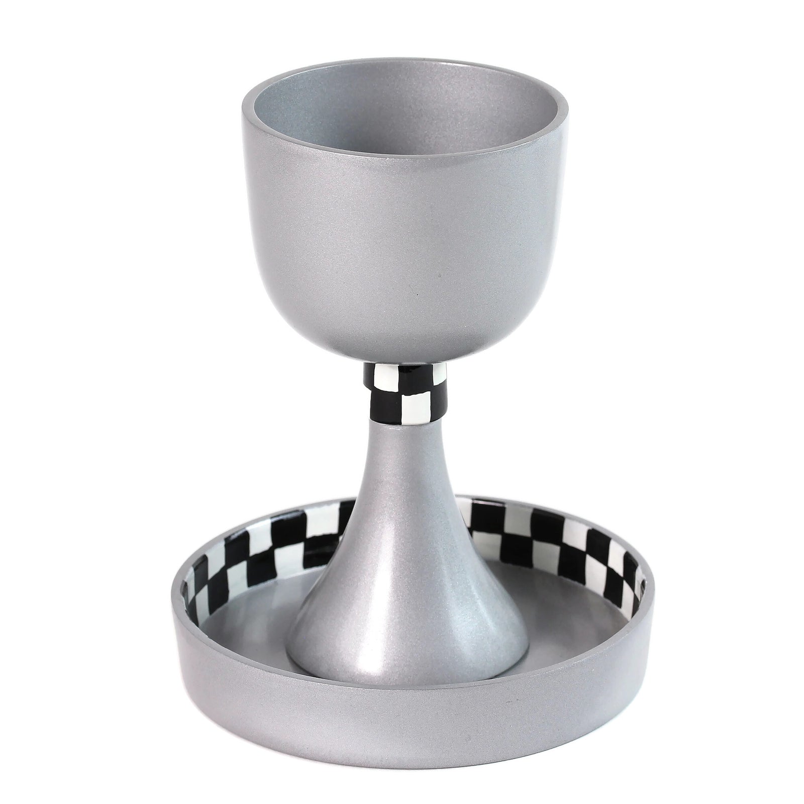 Kiddush Cup and Saucer, Gray with Black and White Hand Painted Checker Detail