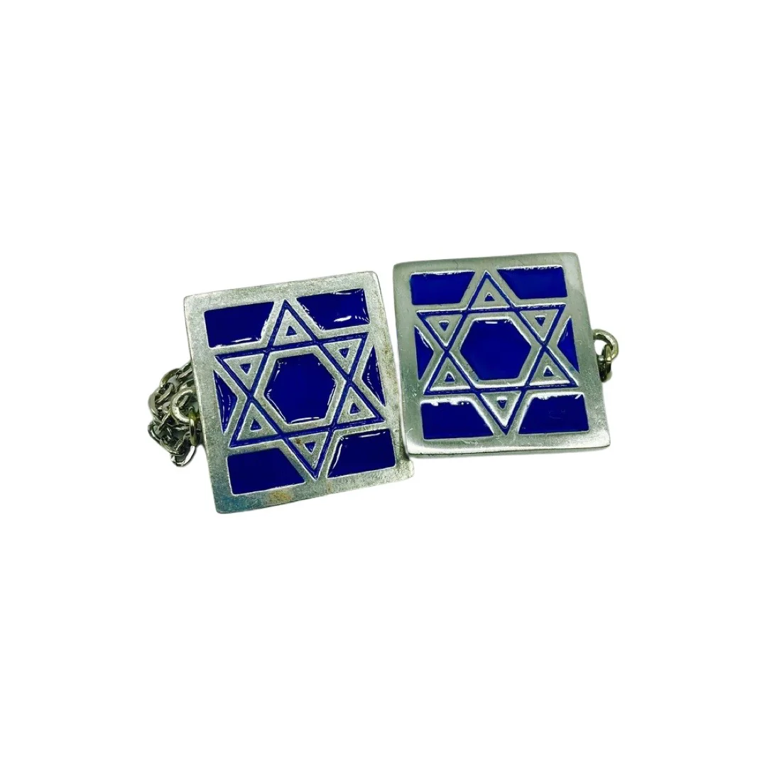 Tallit Clips, Square Star Design in Blue, Pewter with Enamel