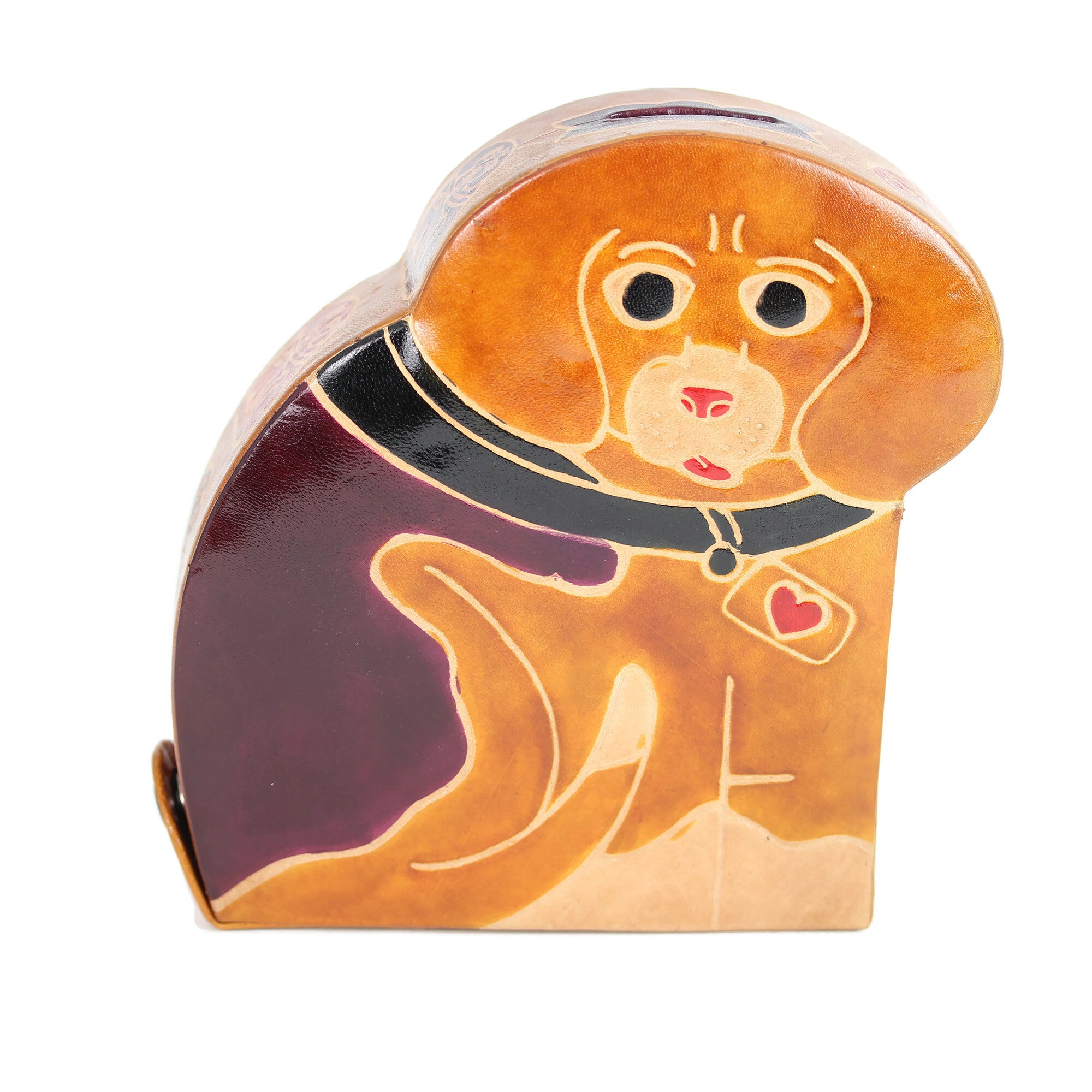 Tzedakah Box, Dog Design, Hand Painted Tooled Leather