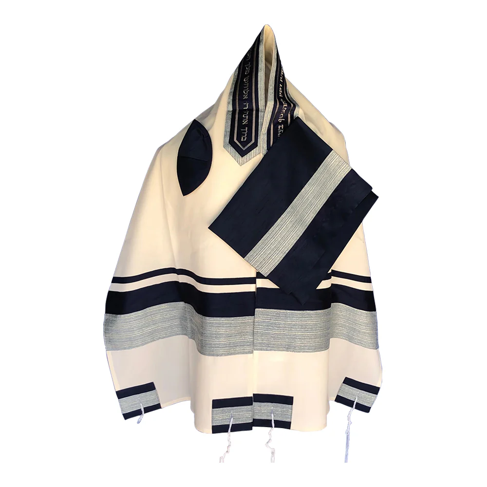 Tallit Set, Textured Slate Blue and Silver and Navy Stripes on Brushed White Cotton