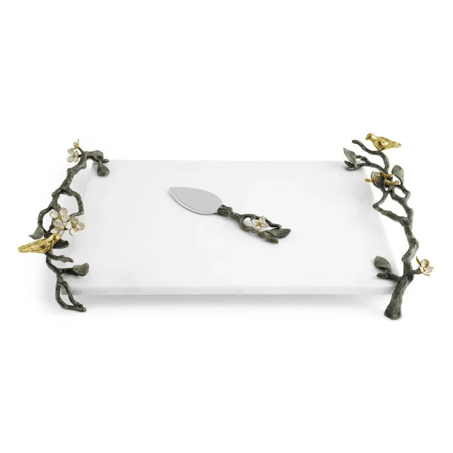 Challah or Serving Plate, Lovebirds, Marble, Oxidized Brass, 24K Gold Plate, and Stainless Steel