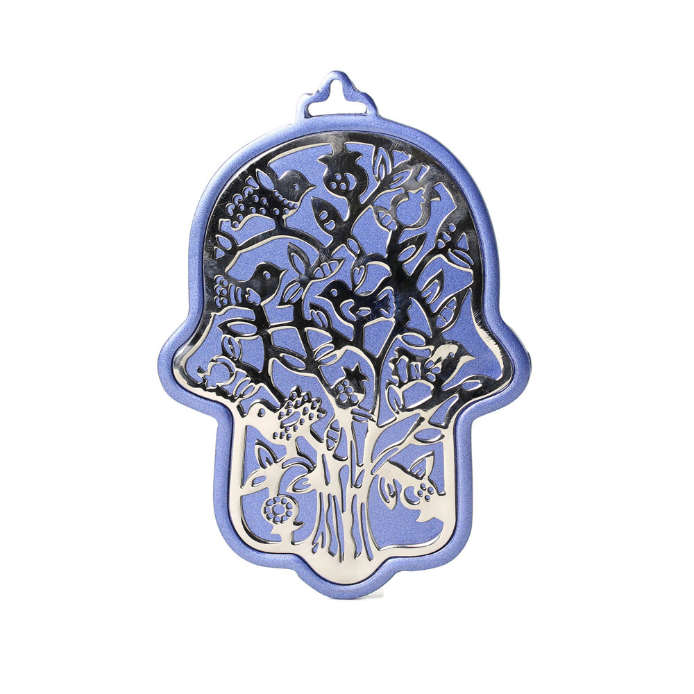 Hamsa, Tree of Life Design, Blue Anodized Aluminum, 6"