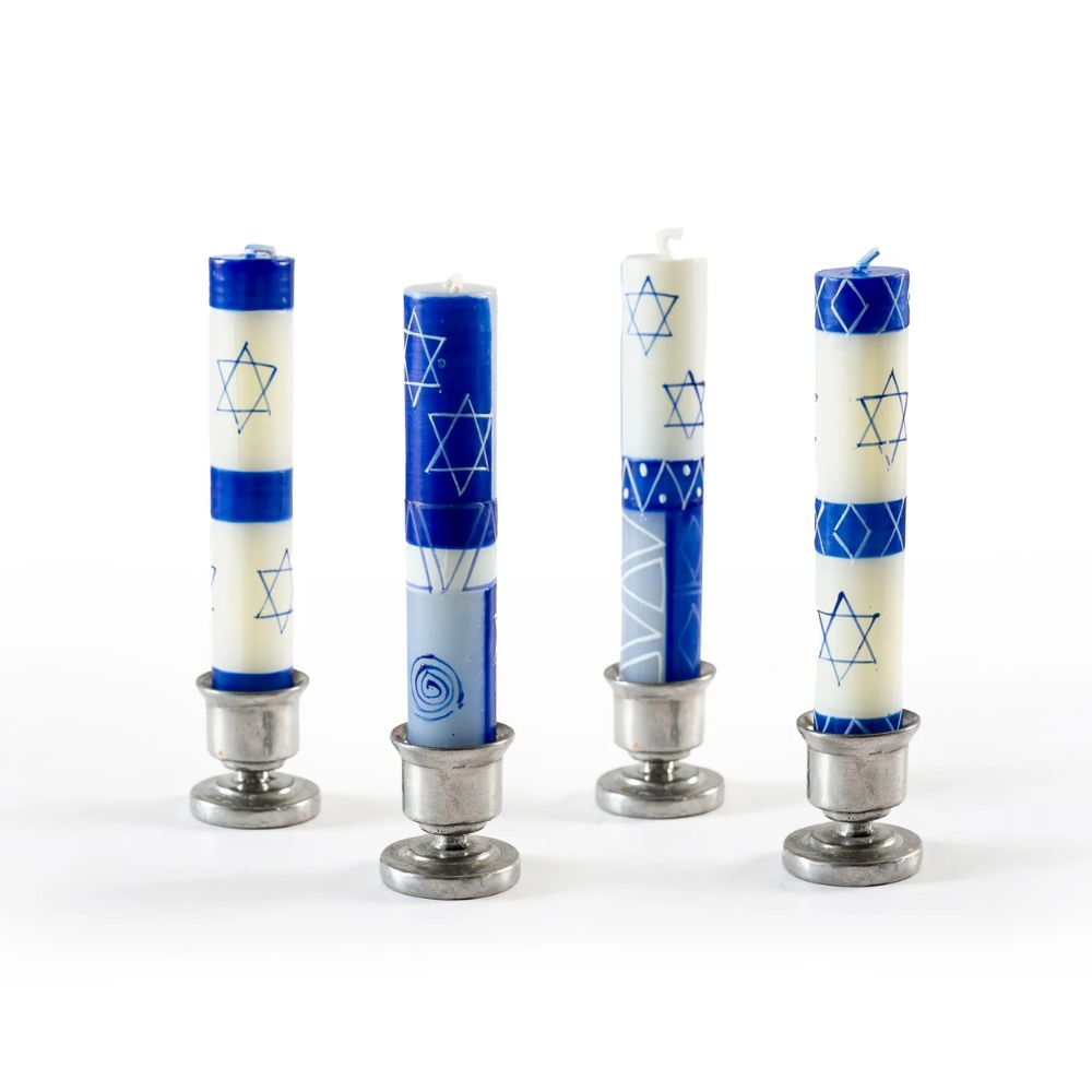 Shabbat Candles, Set of Four, Blue and White Hand Painted Stars