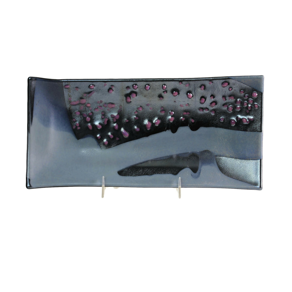 Serving Dish, Rectangular with Matt and Irridized Gray and Charcoal Glass, Dusty Rose Detail