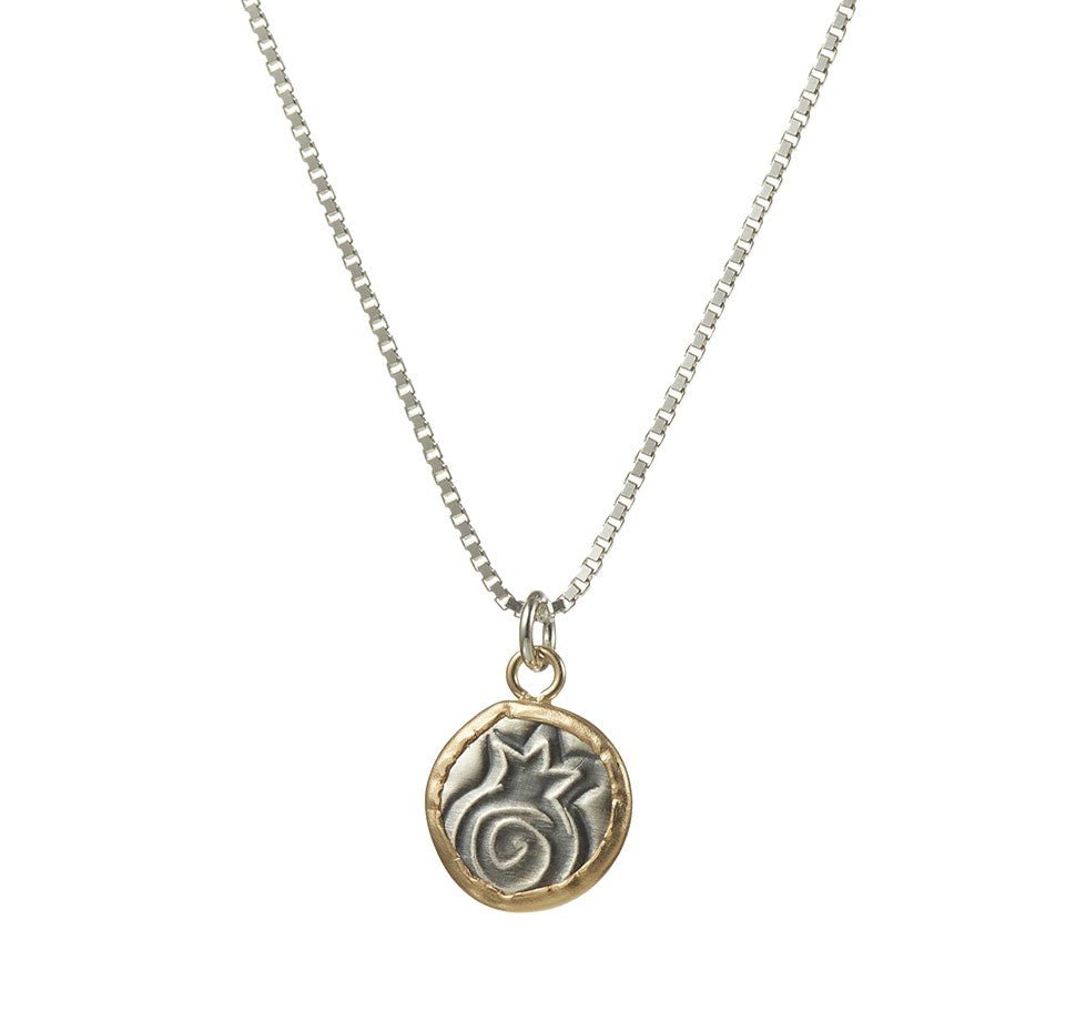 Necklace, Pomegranate In Circular Setting, Sterling Silver with Gold Filled Detail, Adjustable Chain