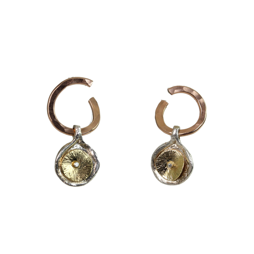 Earrings, Circular Shapes of Sterling Silver and Gold-Filled Detail on Post