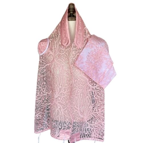 Tallit Set, Pink Tree of Life Design, Full Lace Applique