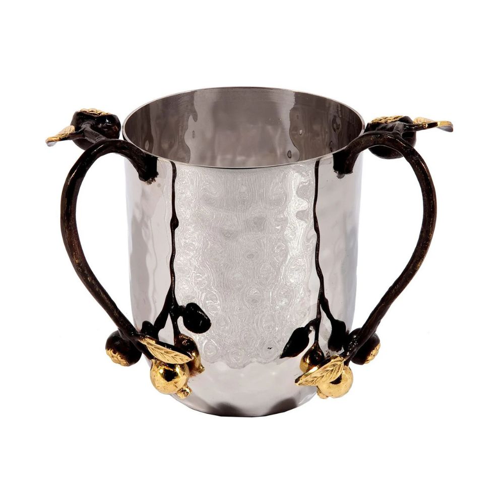Hand Washing Cup, Hammered Metal with Black and Goldtone Pomegranate Detail