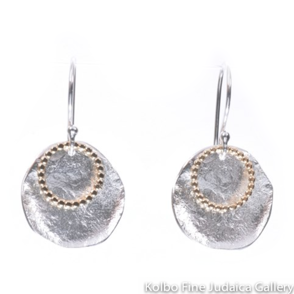 Earrings, Textured Sterling Silver Circle with Gold Filled Detail