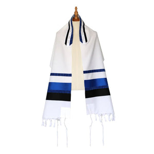 Tallit Set, Vivid Blue and Black Striping with Textured Detail, Fine Wool,. 22x80