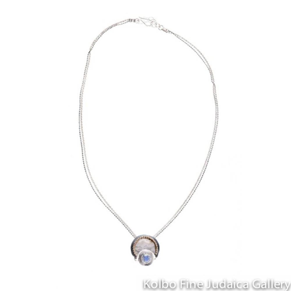 Necklace, Circular Pendant with Blue Topaz, Sterling Silver and Gold Filled