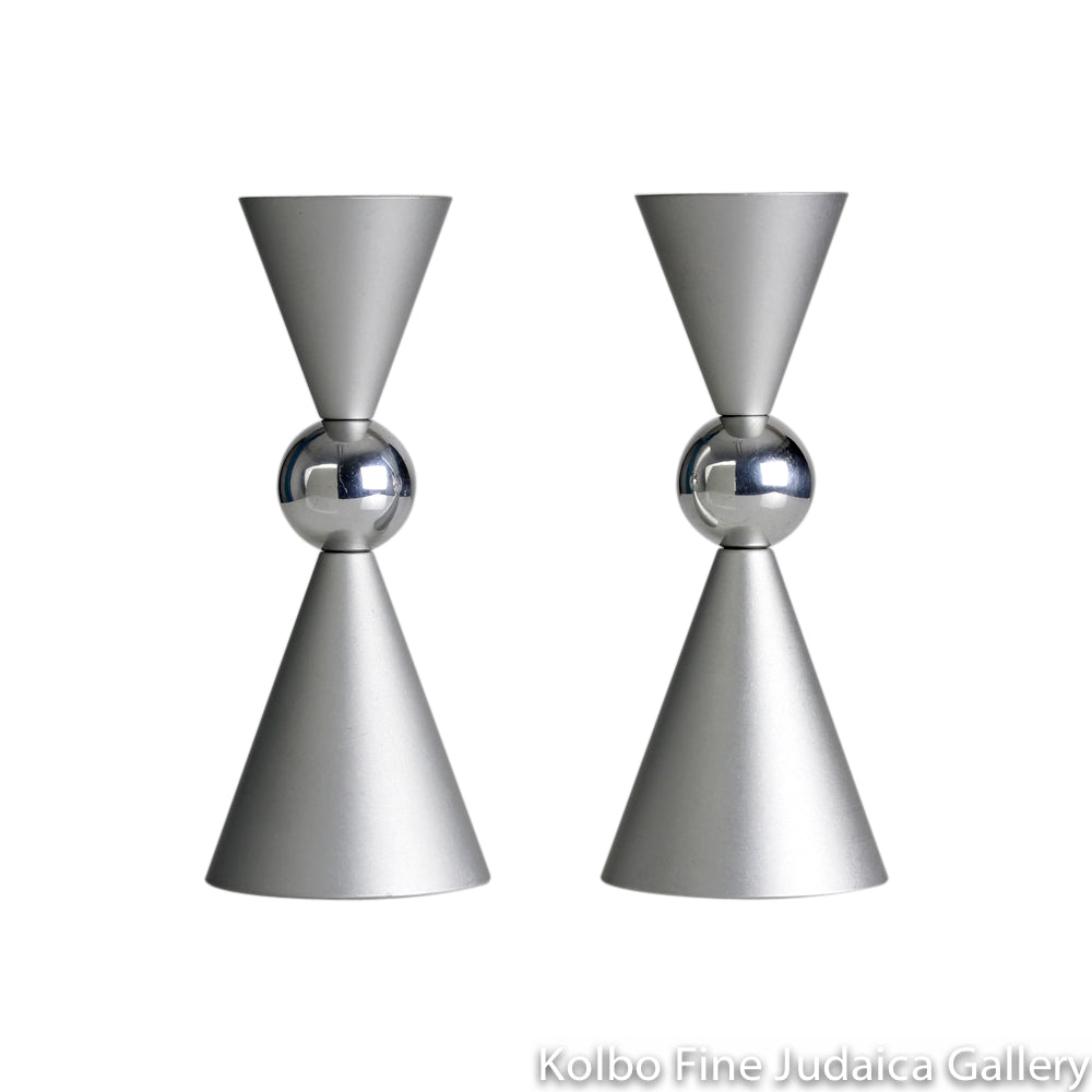 Candlesticks, Hourglass Design with Center Silver Sphere, Silver Anodized Aluminum