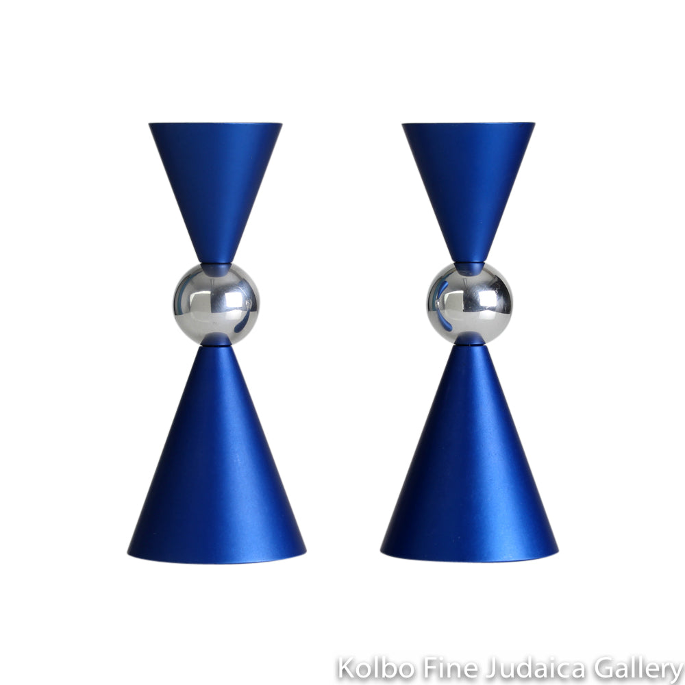 Candlesticks, Angular Design with Center Silver Sphere, Blue Anodized Aluminum