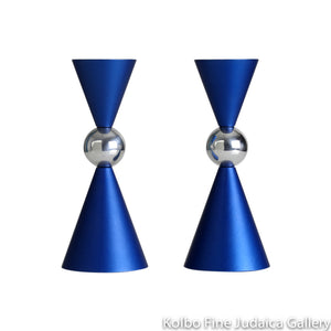 Candlesticks, Angular Design with Center Silver Sphere, Blue Anodized Aluminum