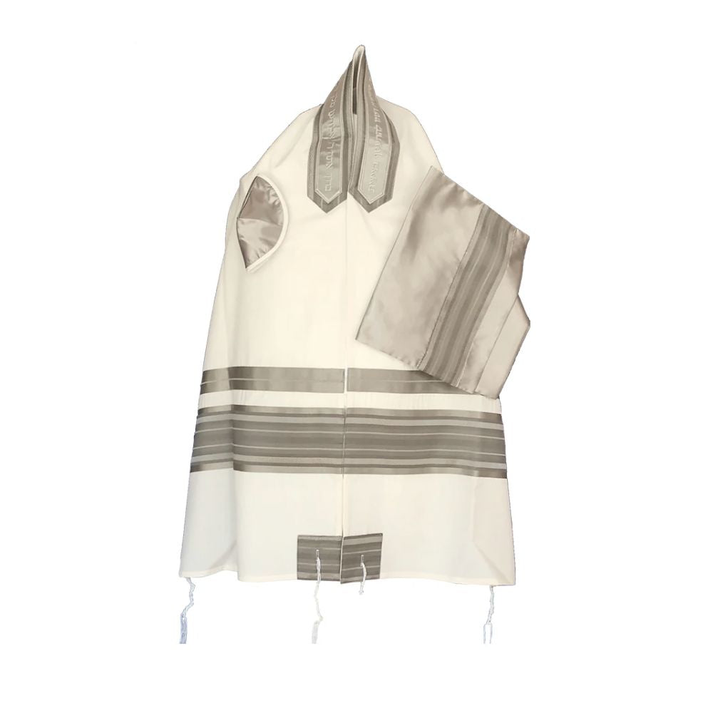 Tallit Set, Silver and Gray Stripes on White Cotton