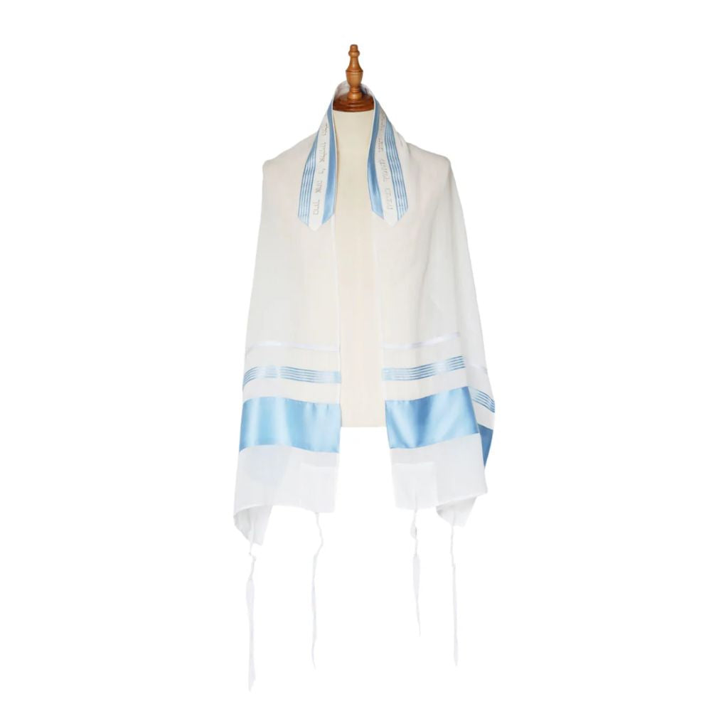 Tallit Set, Soft Blue and White Detailed Striping, Sheer Fabric