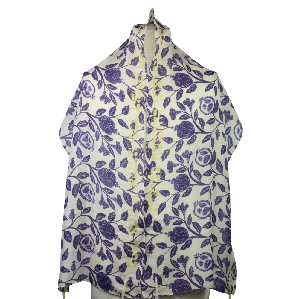 Tallit, Pomegranate, Purple and Cream Silk, Hand Spun Tzitzit, 17" x 70"