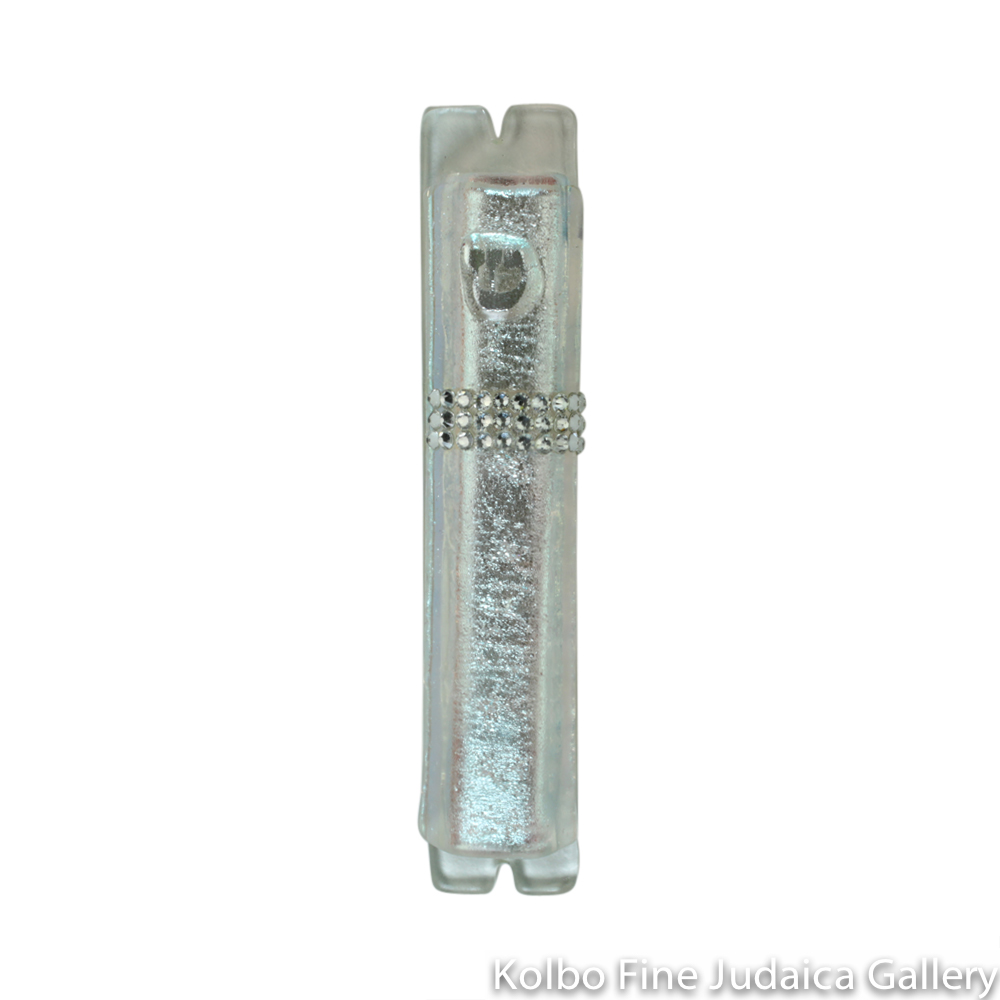 Mezuzah, Silver and Clear, Three Row Design, Fused Glass with Swarovsky Crystals
