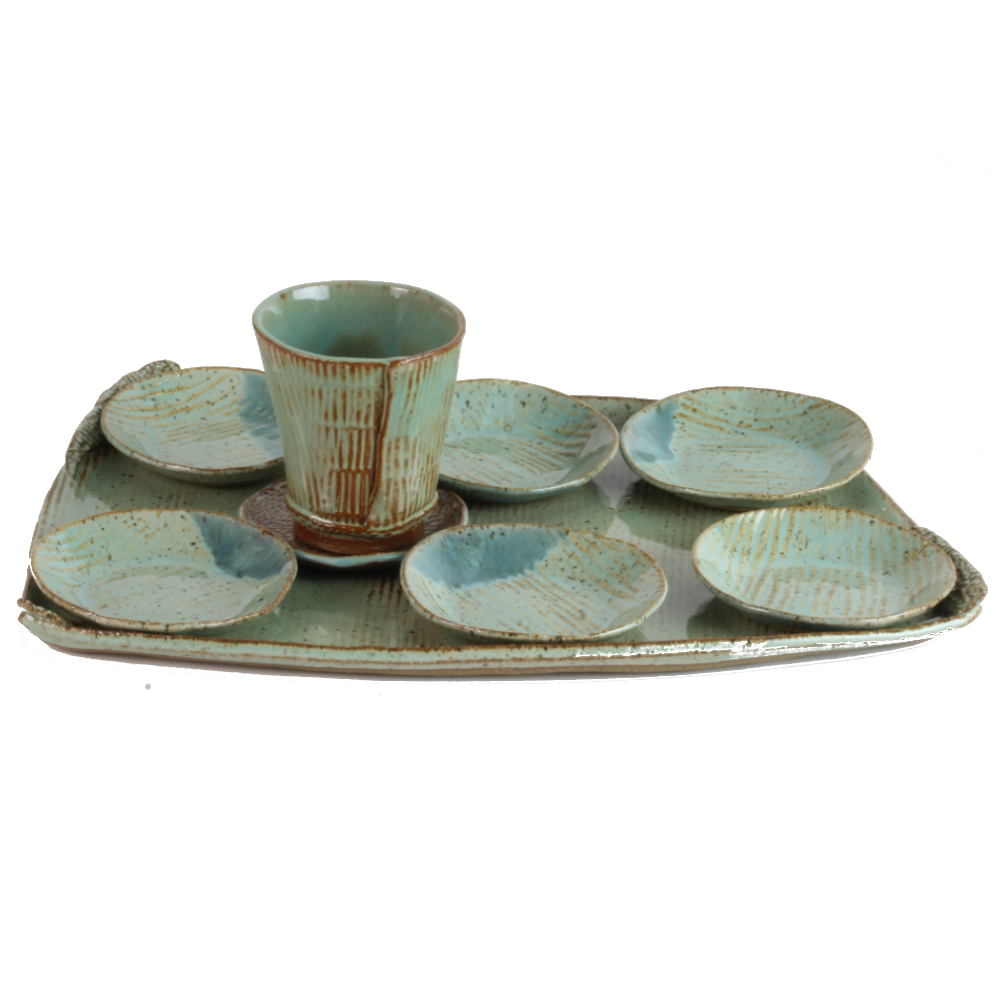 Seder Plate and Cup Set, Rectangular Textured Green Ceramic, One of a Kind