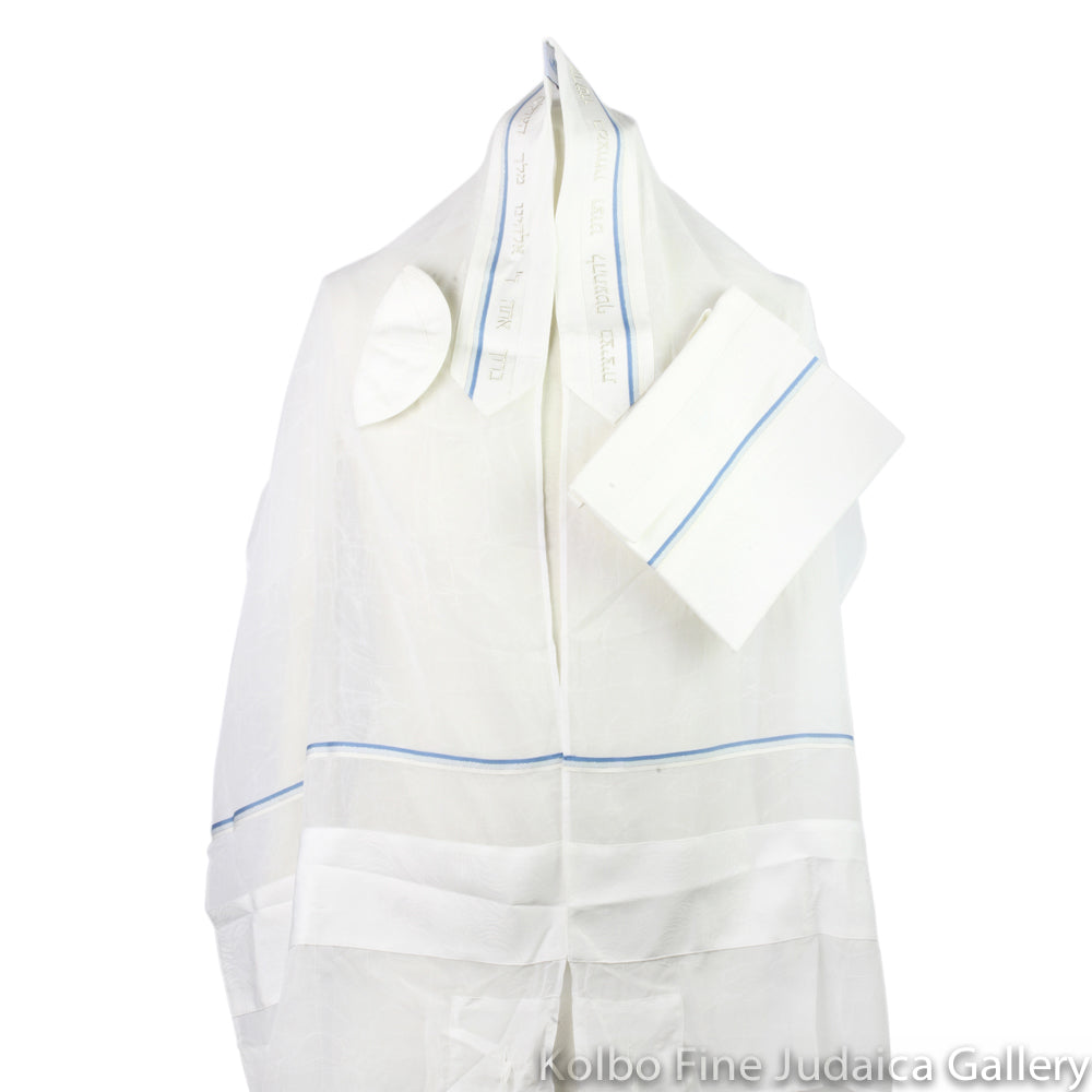 Tallit Set, Soft White with Thin Blue Detail, Three Piece Set