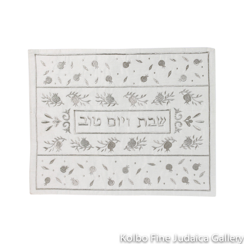Challah Cover, Pomegranates Design in SIlver, Embroidered Raw Silk