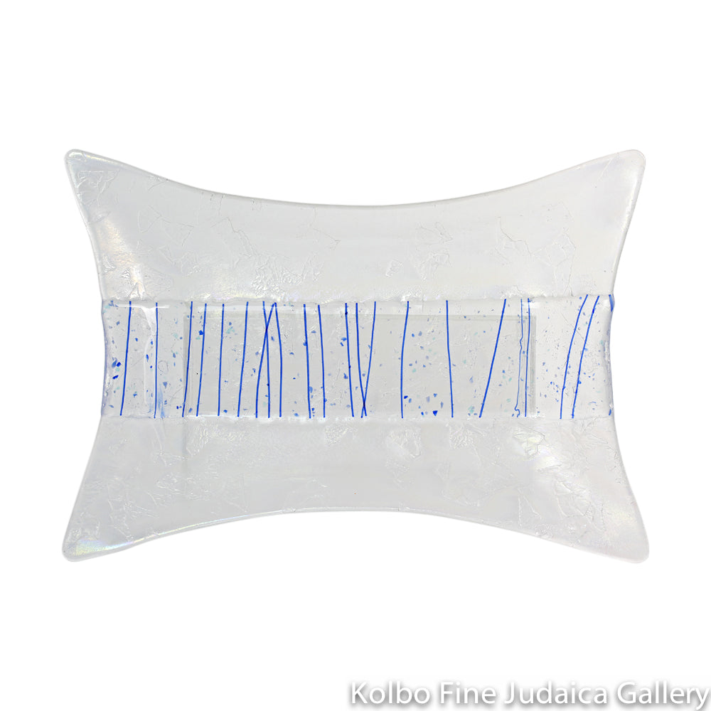 Serving Dish, Irridized Clear Glass with Blue Stripe Detail in Center