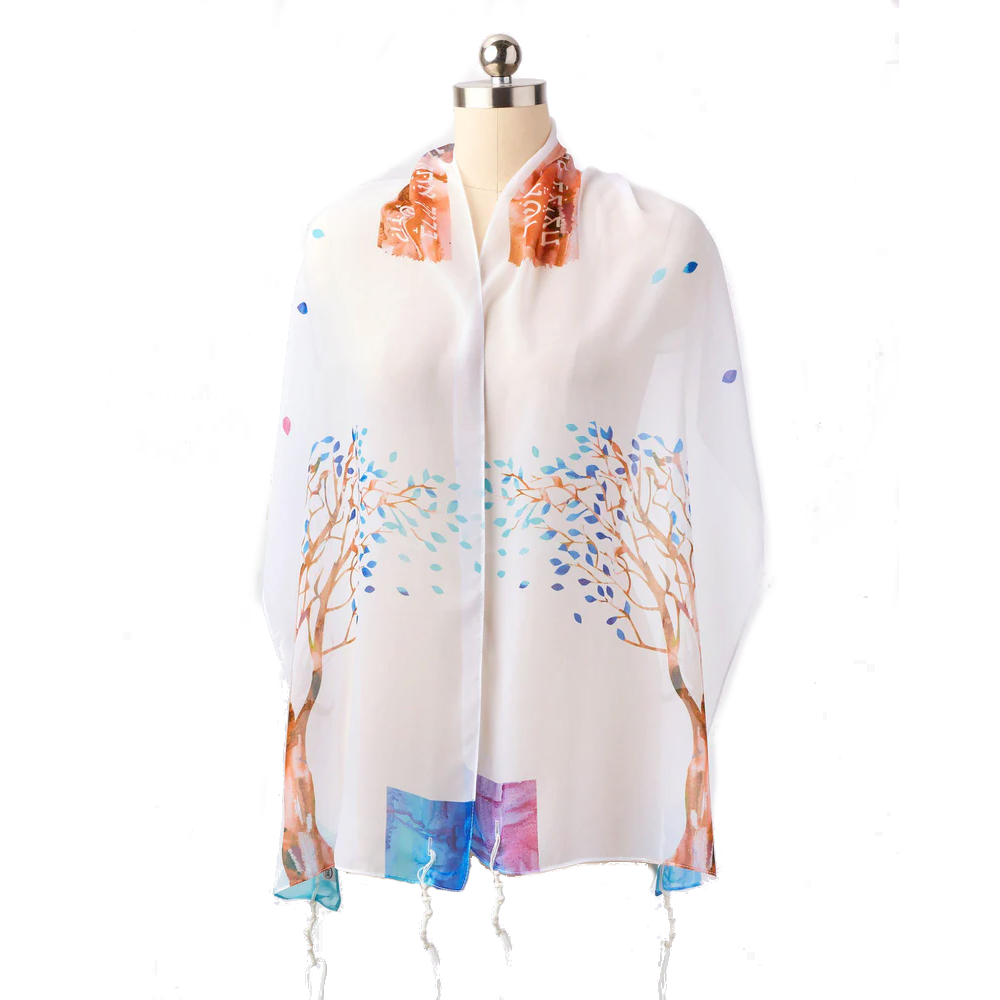 Tallit Set, Tree of Life with Blue Leaves, Chiffon