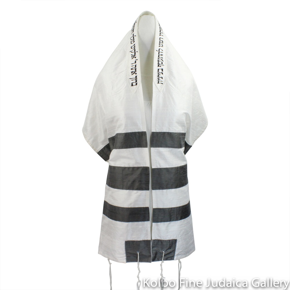 Tallit Set, Raw Silk, White with Charcoal Stripes