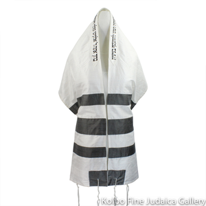 Tallit Set, Raw Silk, White with Charcoal Stripes
