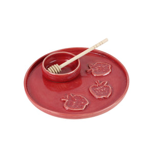 Honey and Apple Set, Red Glaze with Apples, High-Fired Ceramic
