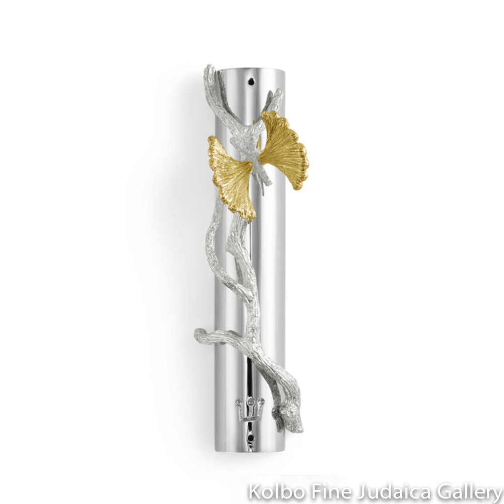 Mezuzah, Butterfly Ginkgo Design, Nickelplate and Goldtone