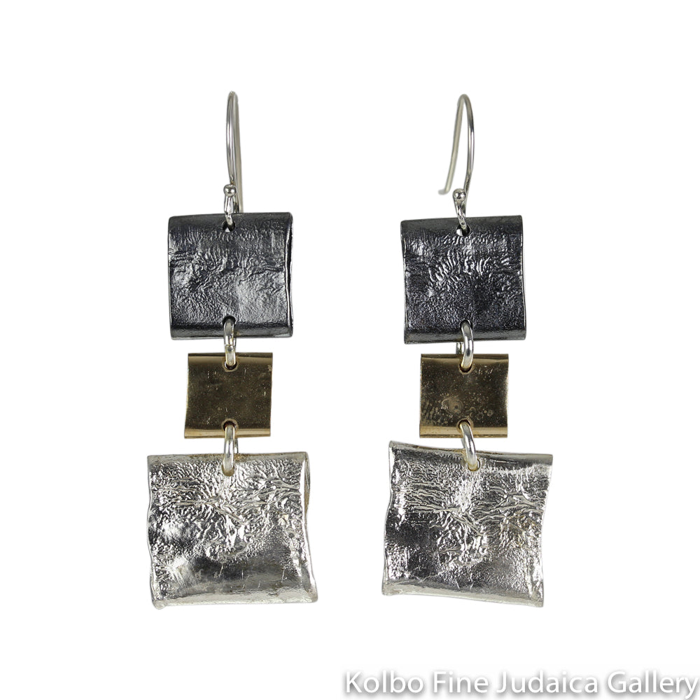 Earrings, Three Dangling Squares of Polished and Oxidized Sterling Silver and Gold Filled