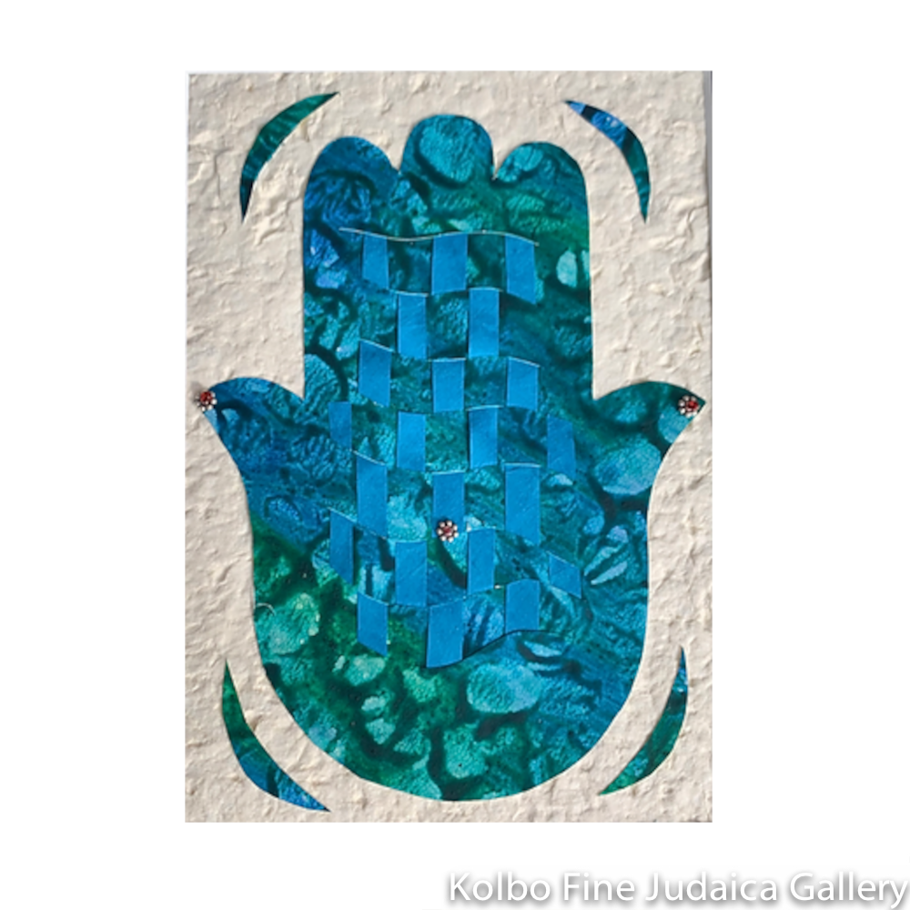 Hamsa, Hand Woven Paper with Beaded Detail, Framed