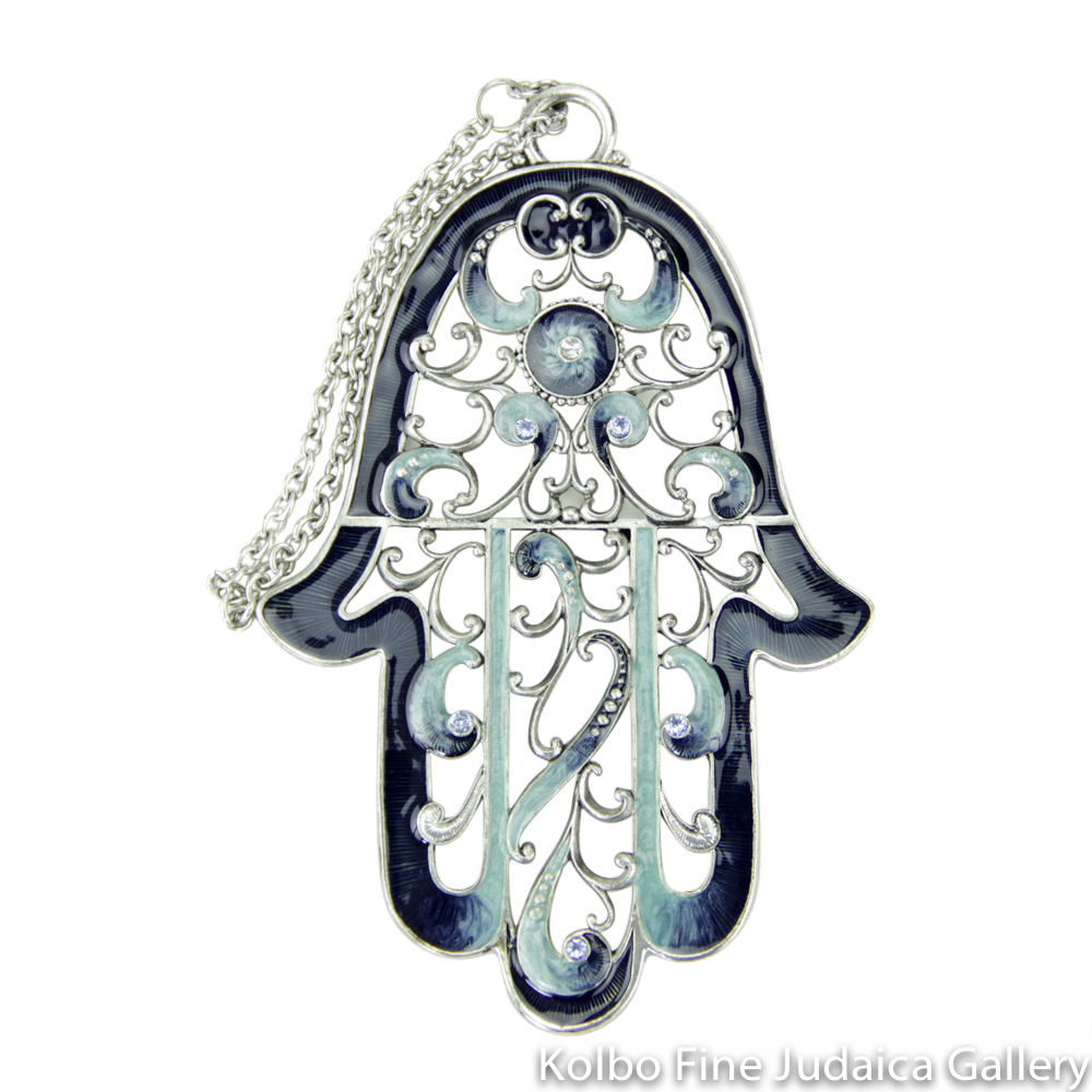 Hamsa for the Wall, Large Filigree Design in Blue, Pewter with Enamel