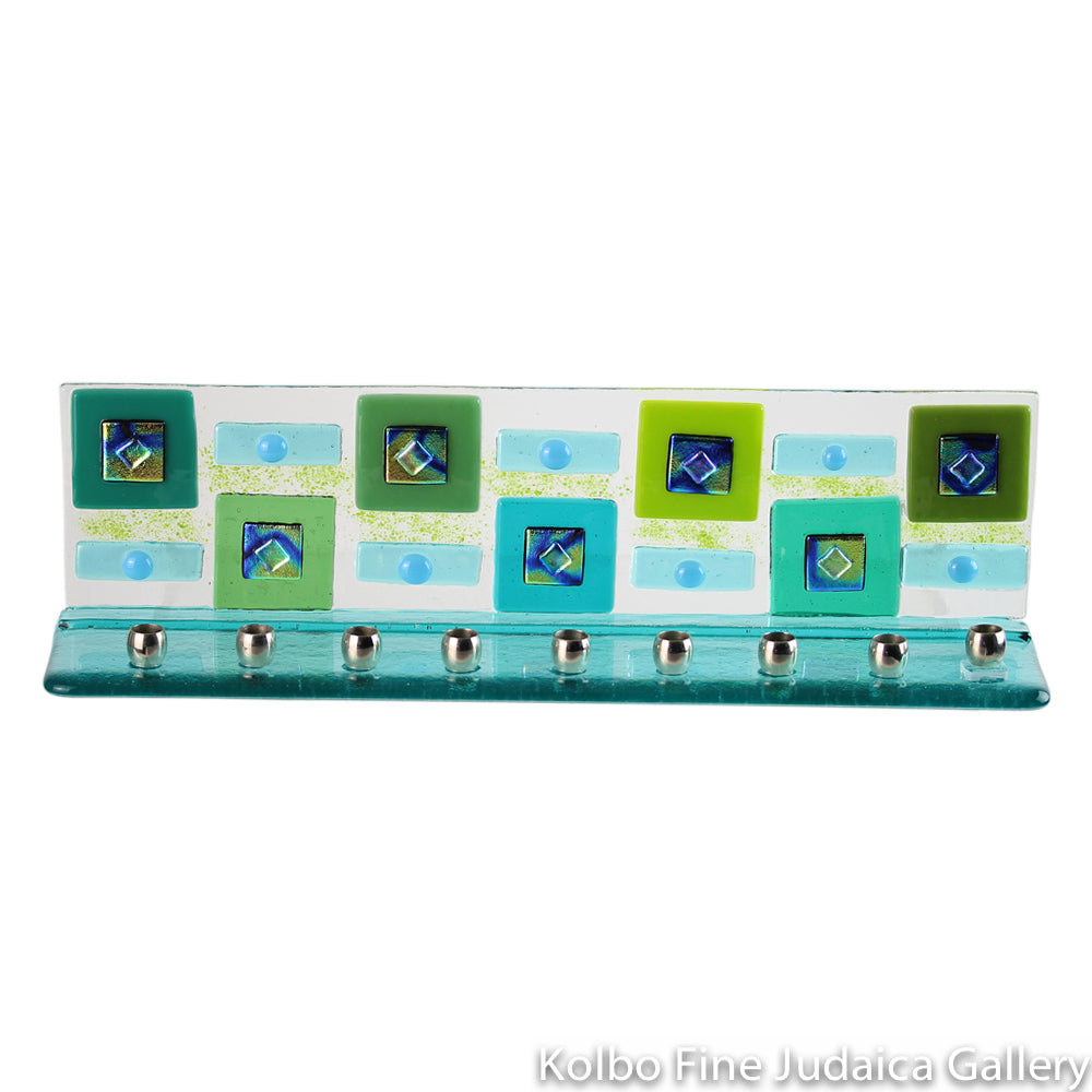 Menorah, Geometric Design, Green, Hand Made Fused Glass