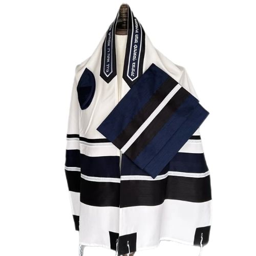 Tallit Set, Navy Blue Bands with Silver Geometric Detail, Fine White Cotton