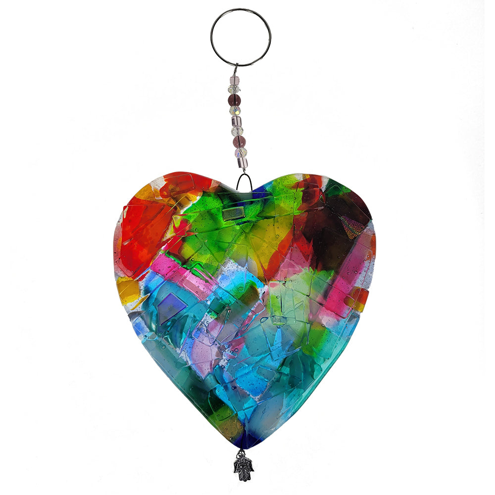 Wall Hanging, Heart with Small Dangling Hamsa, Dichroic Glass, Assorted Colors