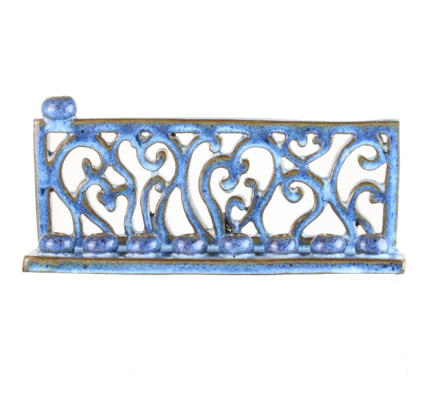 Menorah, Hand Drawn and Cut Ceramic with Blue Glaze, One of a Kind Piece
