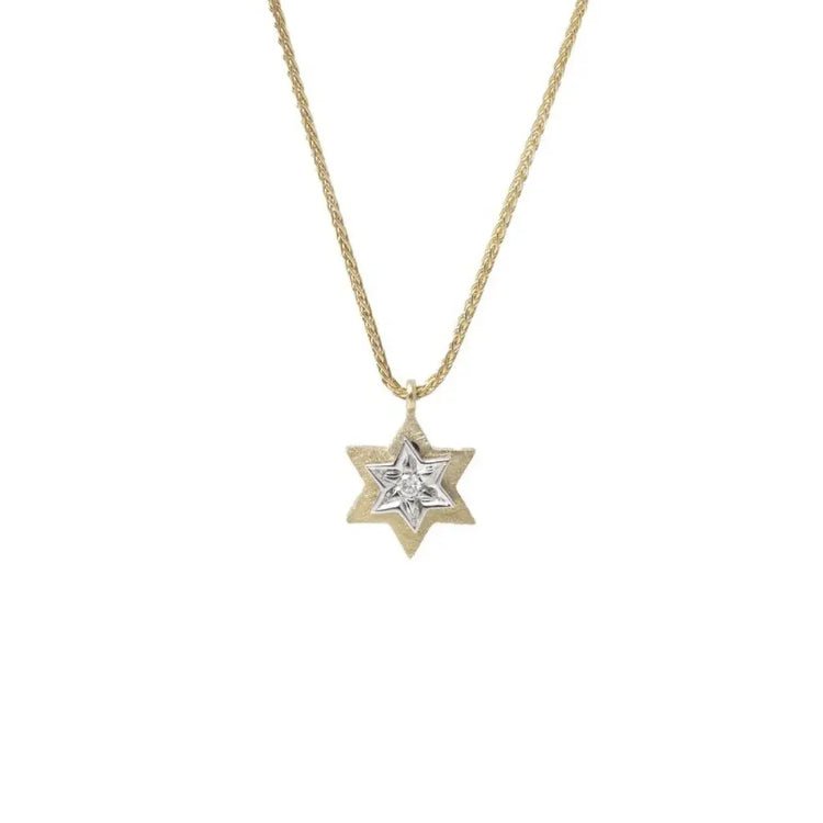 Necklace, Double Swing Star, 14K Gold with Diamonds, 16"-18" Adjustable Chain