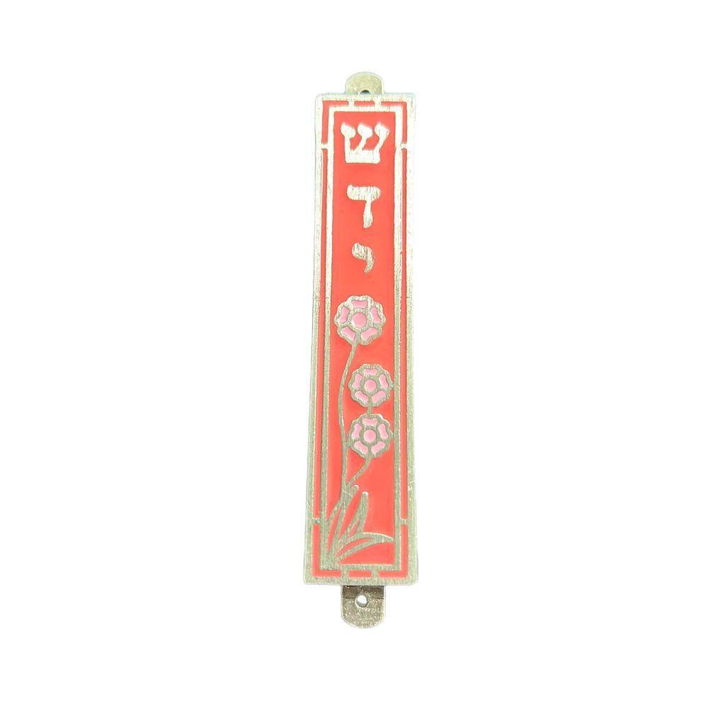 Mezuzah, Pink with Flowers, Pewter
