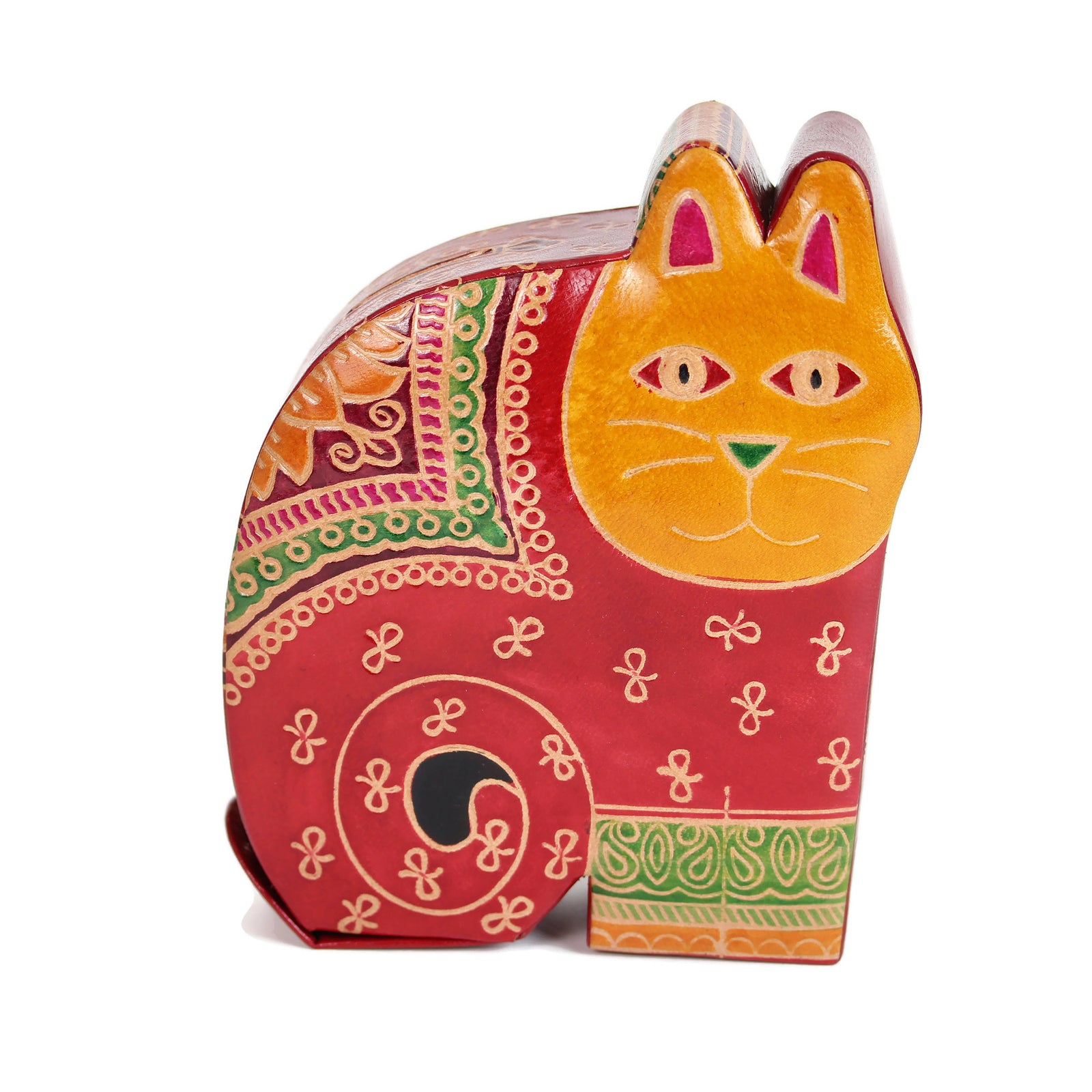 Tzedakah Box, Cat Design, Hand Painted Tooled Leather