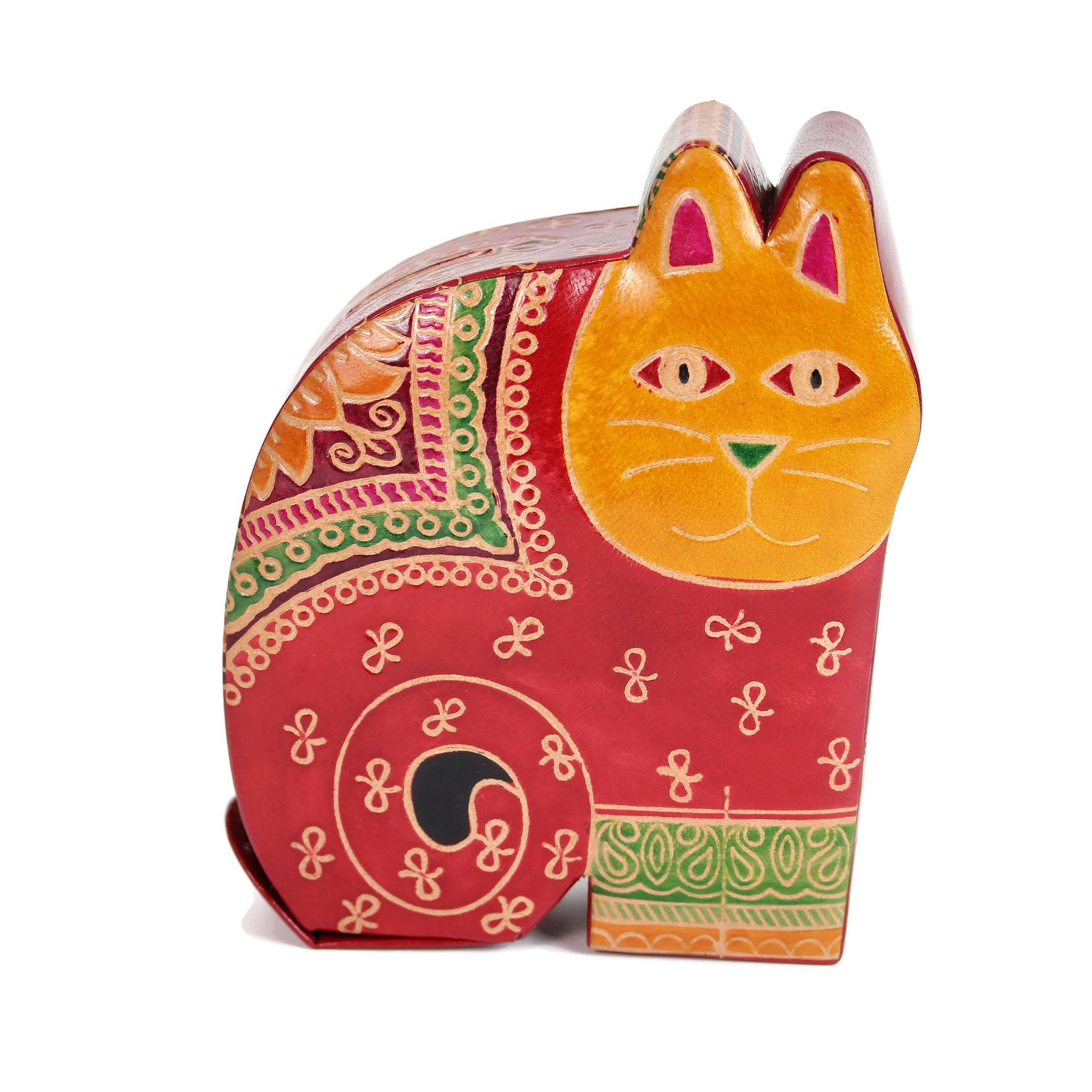 Tzedakah Box, Cat Design, Hand Painted Tooled Leather