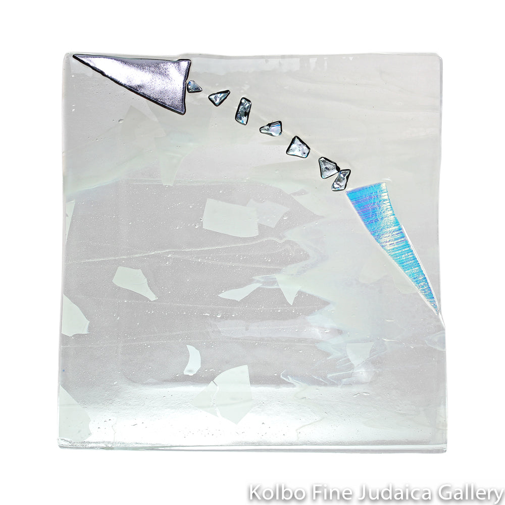 Serving Dish, Clear and White Marbled Glass with Silver Dichroic Detail