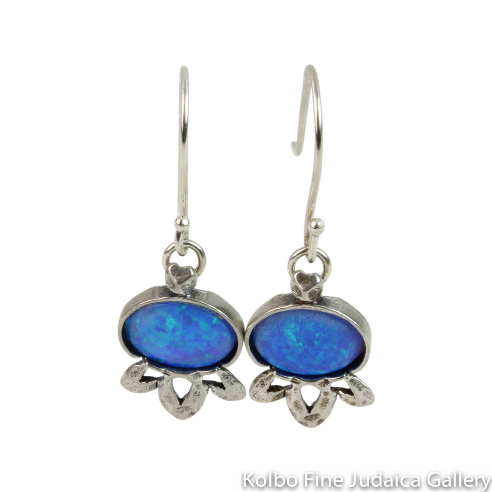 Earrings, Pomegranate Shape with Blue Opal, Sterling Silver Wires