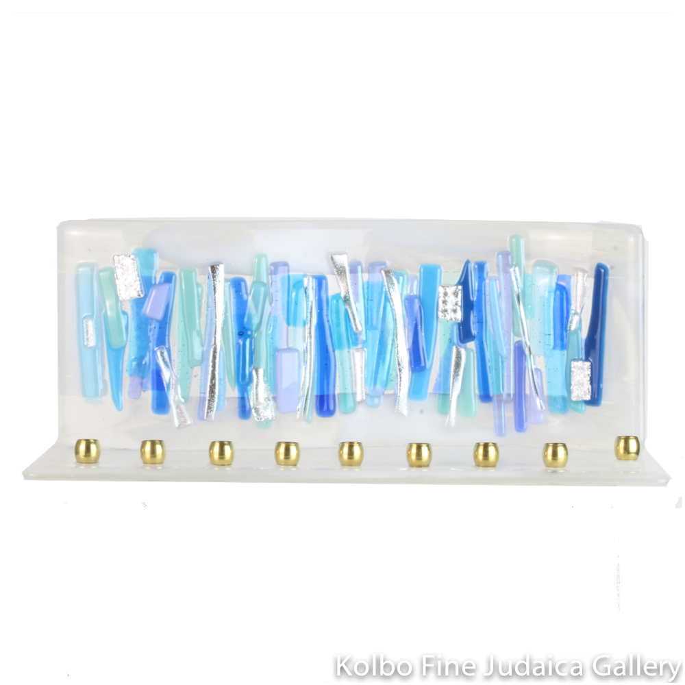 Menorah, Water, Elements Collection, Light Blue, Hand Cut and Fused Glass