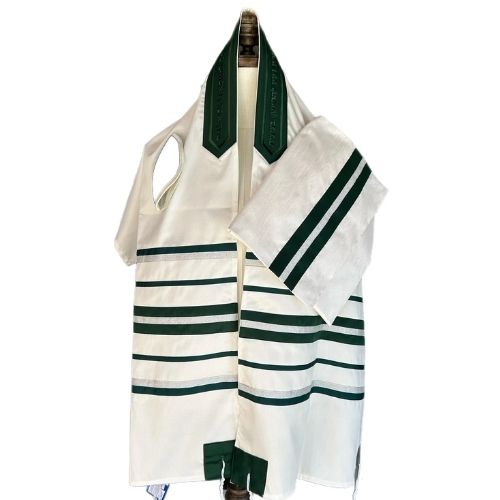 Tallit Set, Deep Green and Silver Striping, Fine White Cotton