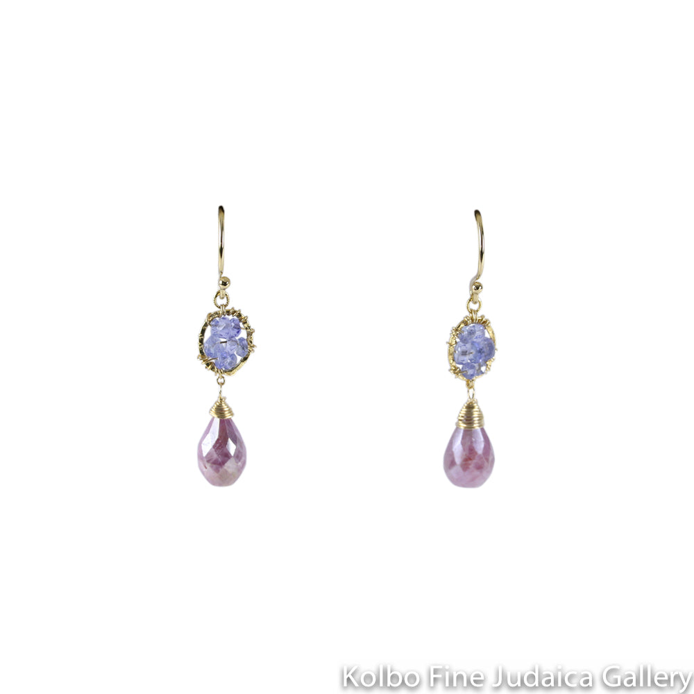 Earrings, Beaded Oval Tanzanite with Mauve Mystic Corundum Drop, Gold Filled