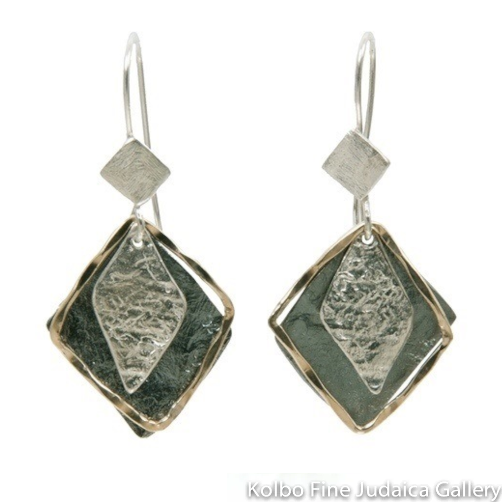 Earrings, Layered Diamond Shapes, Sterling Silver and Gold Filled, Wires