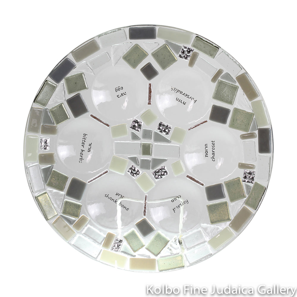 Seder Plate, Gray and Silver Fused Glass Mosaic Design, Platinum Gold Lettering, One-of-a Kind
