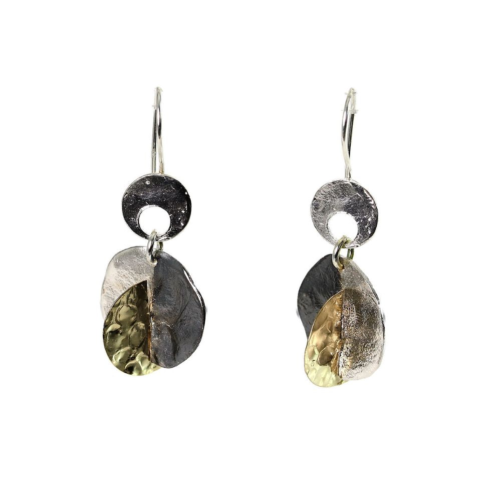 Earrings, Three Dimensional Discs, Sterling and Oxidized Silver and Gold Filled